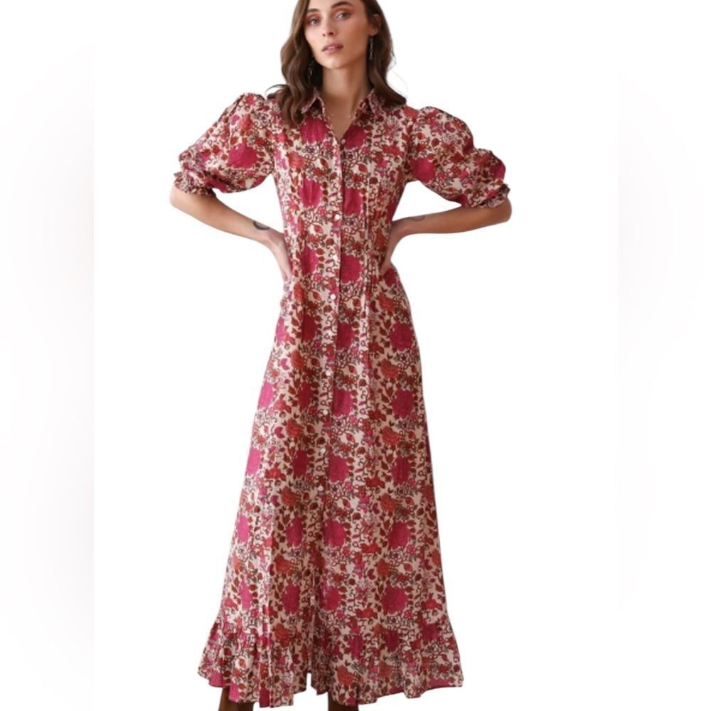Women’s Pink Floral Maxi Dress with Puff Sleeves